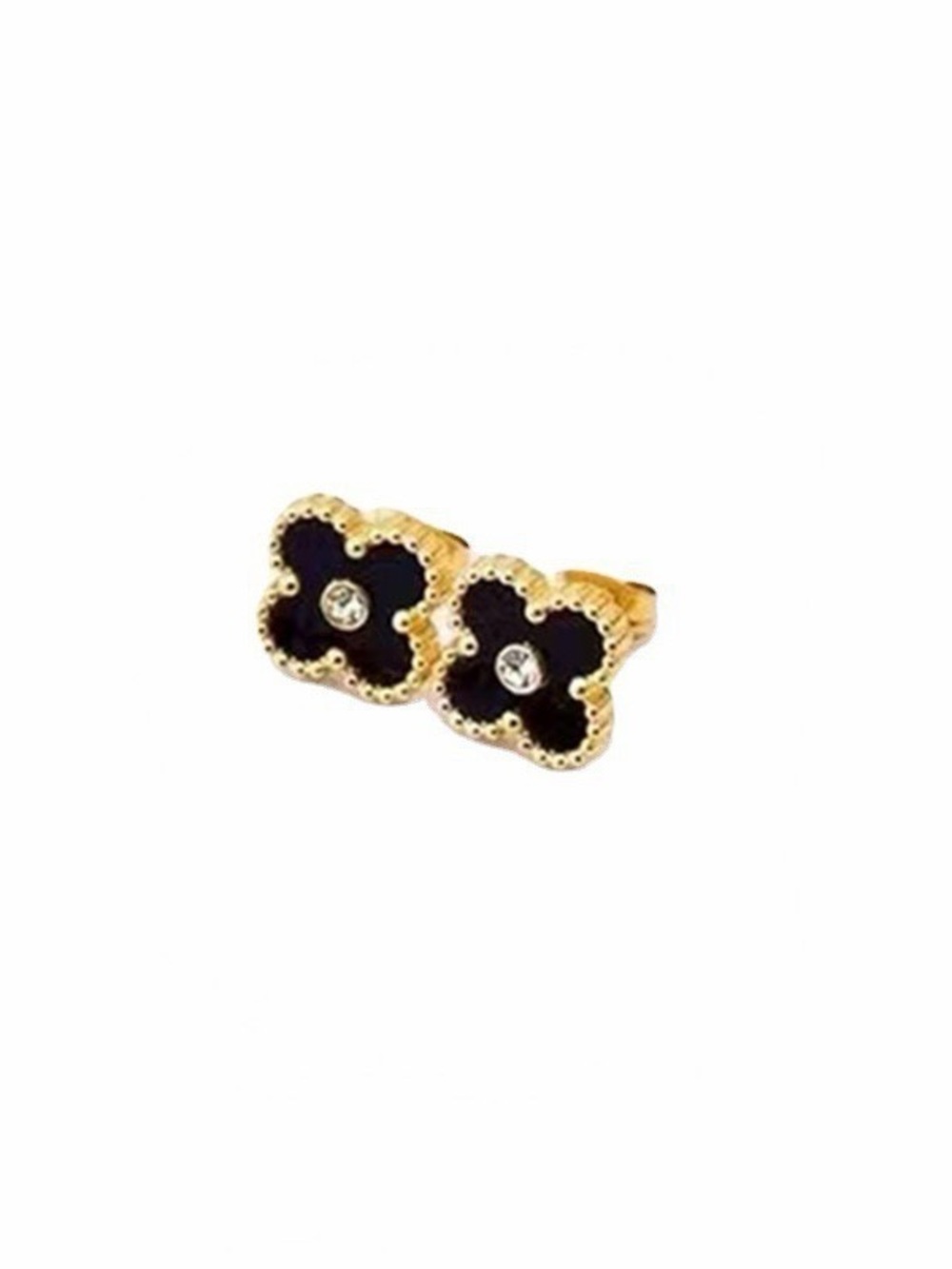 Stainless Steel Gold and Black Clover Stud Earrings with Crystal Accent
